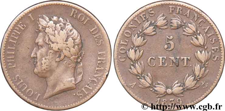 COLONIES FRANÇAISES - Louis-Philippe pour la Guadeloupe 5 centimes 1839 Paris TTB 