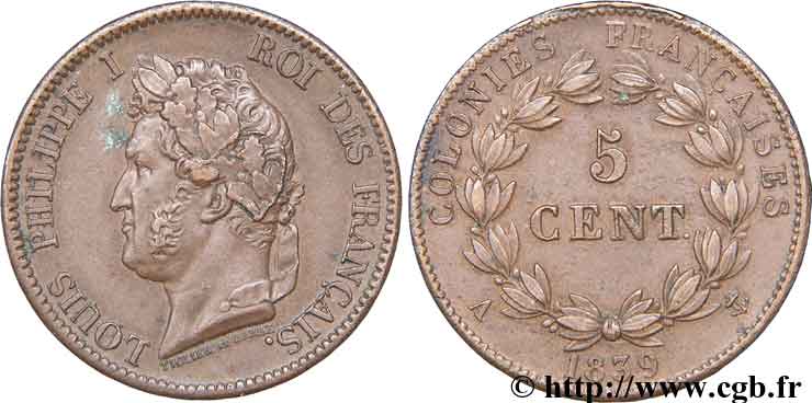 COLONIE FRANCESI - Luigi Filippo, per Guadalupa 5 centimes 1839 Paris q.SPL 