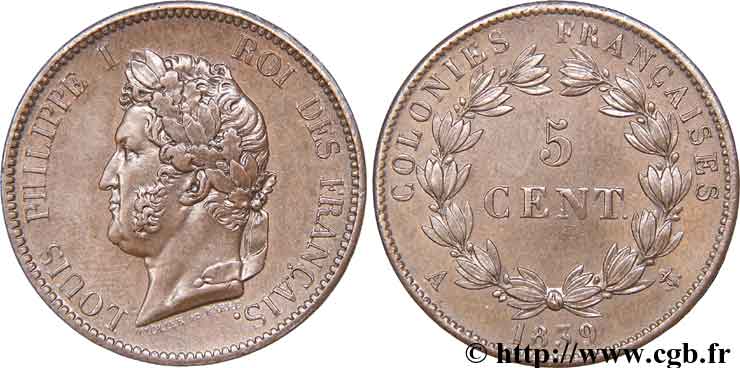 FRENCH COLONIES - Louis-Philippe for Guadeloupe 5 Centimes 1839 Paris AU 