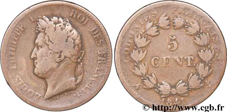 COLONIE FRANCESI - Luigi Filippo, per Guadalupa 5 Centimes 1841 Paris MB 