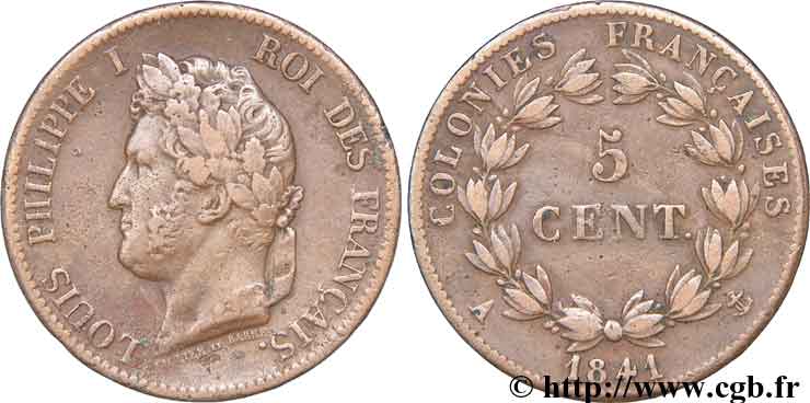 COLONIAS FRANCESAS - Louis-Philippe para Guadalupe 5 centimes 1841 Paris MBC 