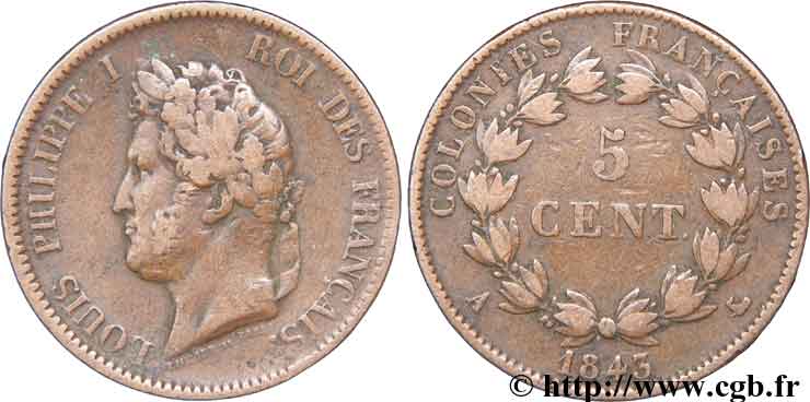FRENCH COLONIES - Louis-Philippe, for Marquesas Islands 5 centimes 1843 Paris XF 