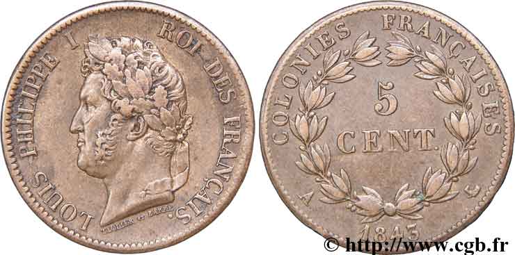 FRENCH COLONIES - Louis-Philippe, for Marquesas Islands 5 Centimes 1843 Paris AU 