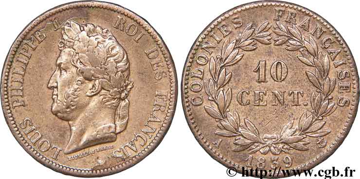 FRENCH COLONIES - Louis-Philippe for Guadeloupe 10 Centimes 1839 Paris XF 