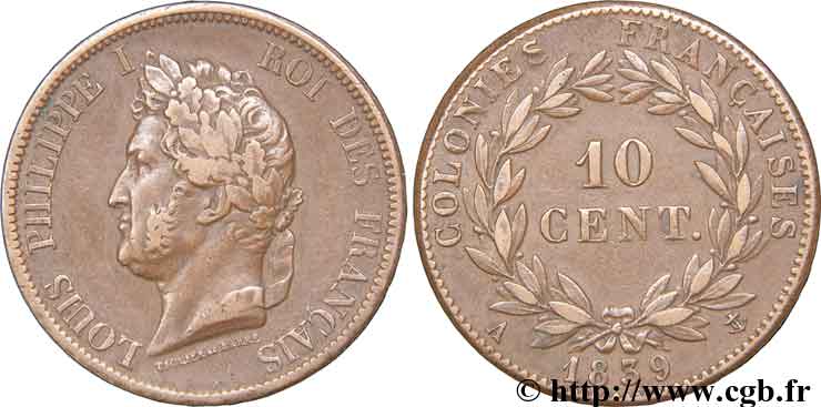 FRENCH COLONIES - Louis-Philippe for Guadeloupe 10 Centimes 1839 Paris AU 