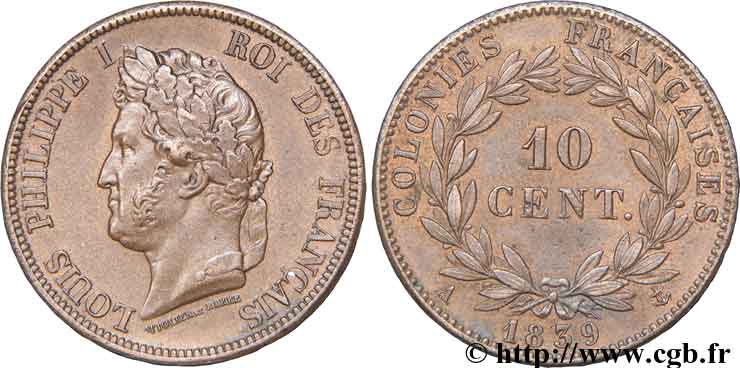 COLONIAS FRANCESAS - Louis-Philippe para Guadalupe 10 centimes 1839 Paris EBC 