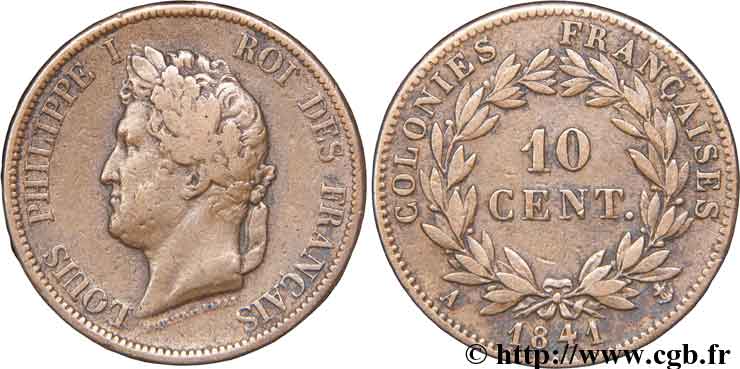 COLONIAS FRANCESAS - Louis-Philippe para Guadalupe 10 centimes 1841 Paris BC+ 
