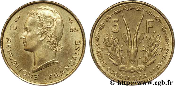 AFRICA OCCIDENTALE FRANCESA  5 Francs Marianne / antilope 1956 Paris SPL 
