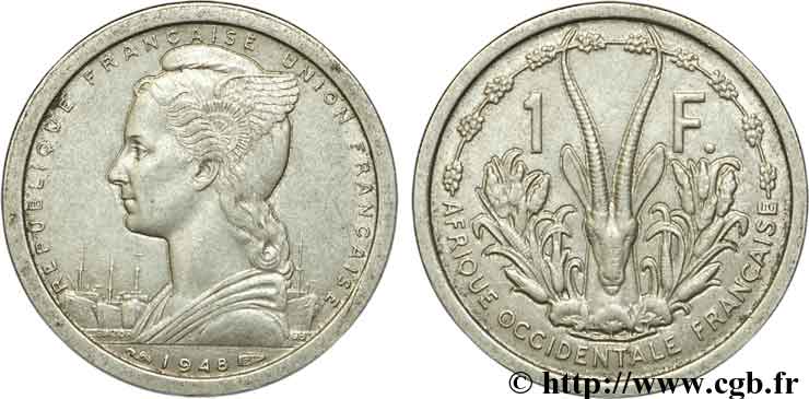 AFRICA FRANCESA DEL OESTE - UNIóN FRANCESA 1 Franc 1948 Paris MBC+ 