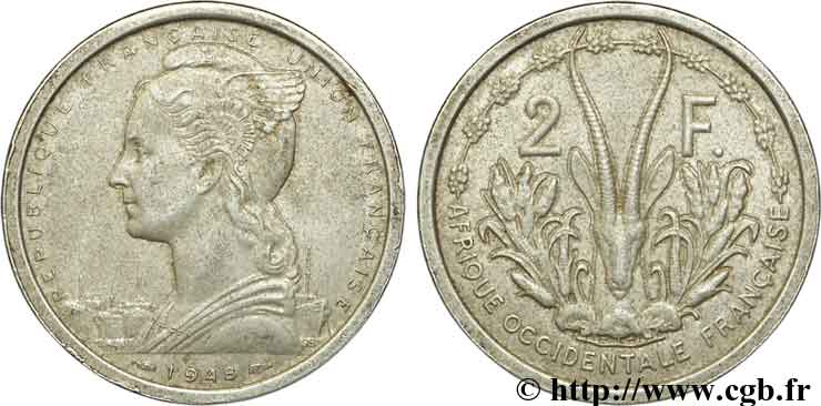 AFRICA FRANCESA DEL OESTE - UNIóN FRANCESA 2 Francs 1948 Paris MBC 