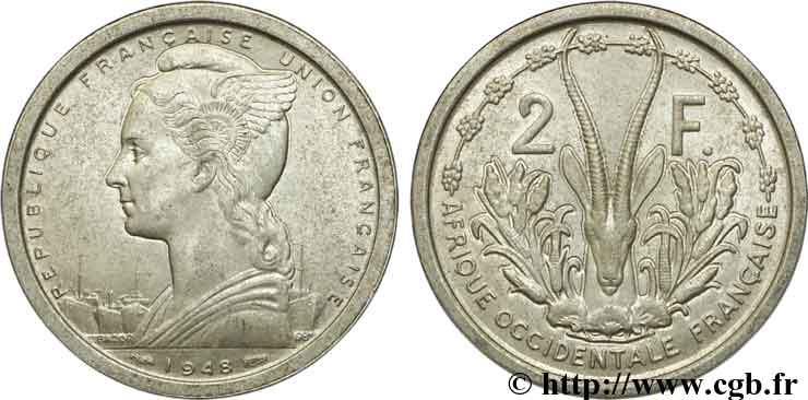 AFRICA FRANCESA DEL OESTE - UNIóN FRANCESA 2 Francs 1948 Paris MBC+ 