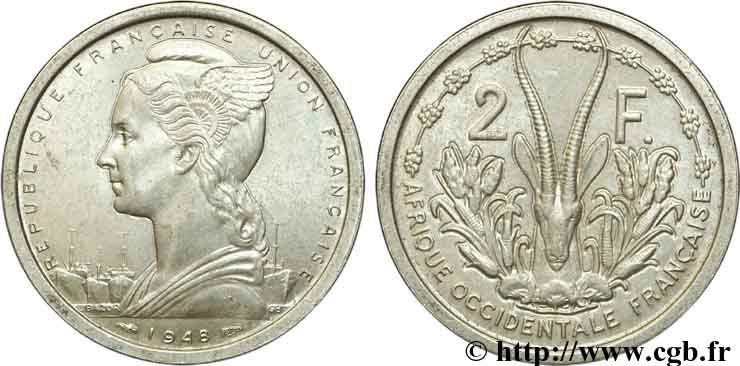 AFRICA OCCIDENTALE FRANCESE - UNION FRANCESA 2 Francs 1948 Paris SPL 