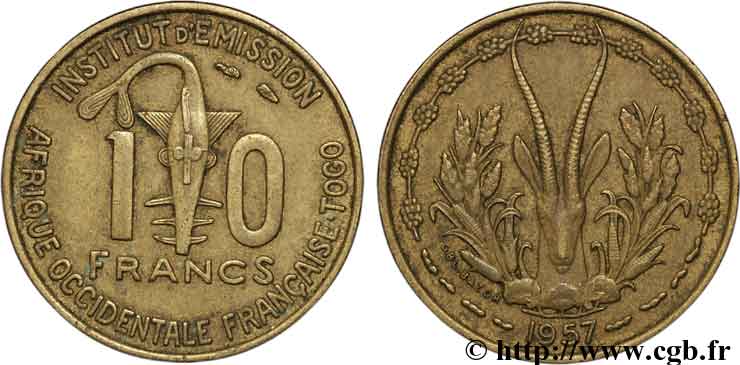 AFRICA OCCIDENTALE FRANCESE - TOGO 10 Francs masque / antilope 1957 Paris BB 