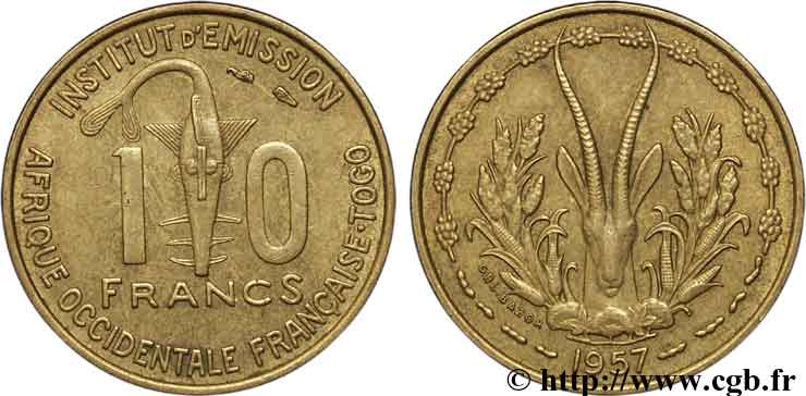 FRANZÖSISCHE WESTAFRIKA - TOGO 10 Francs 1957 Paris fVZ 