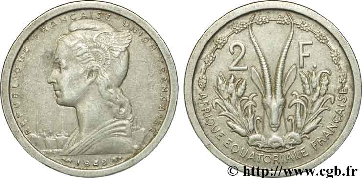 AFRICA ECUATORIAL FRANCESA - UNIóN FRANCESA 2 Francs 1948 Paris MBC 