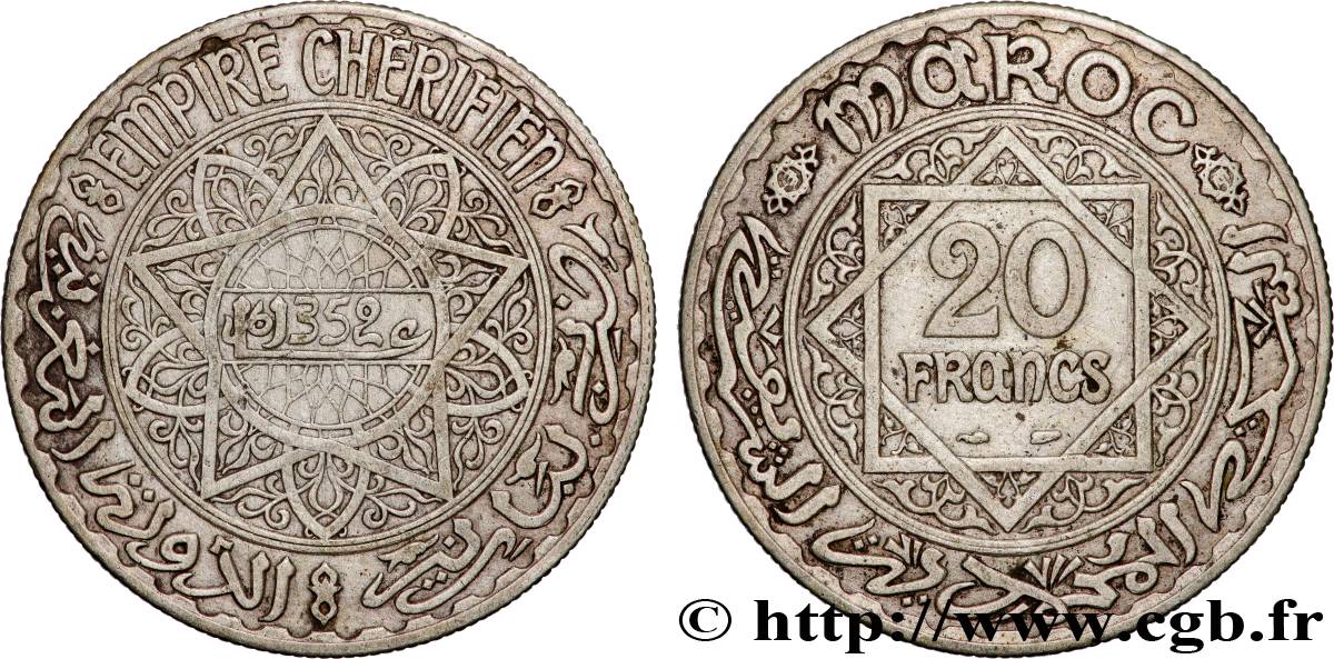 MOROCCO - FRENCH PROTECTORATE 20 Francs AH 1352 1933 Paris XF 