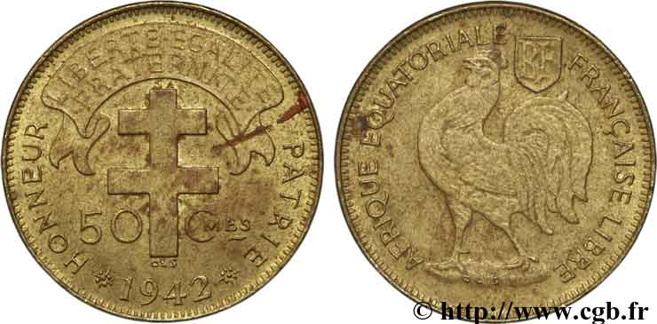 AFRICA EQUATORIALE FRANCESE - Forze Francesi Liberi 50 centimes 1942 Prétoria BB 