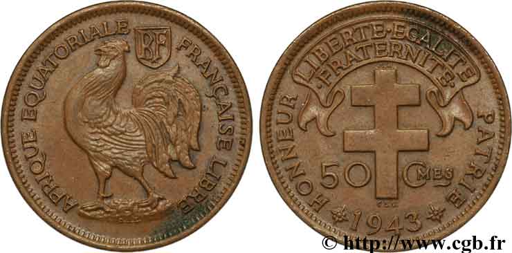 AFRIQUE ÉQUATORIALE FRANÇAISE - FRANCE LIBRE 50 centimes 1943 Prétoria TTB 