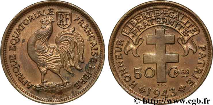 FRENCH EQUATORIAL AFRICA - FREE FRANCE  50 centimes 1943 Prétoria AU 
