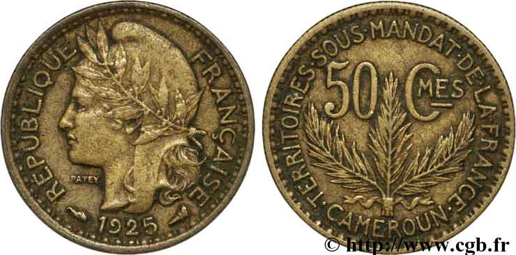 CAMEROON - FRENCH MANDATE TERRITORIES 50 Centimes 1925 Paris XF 