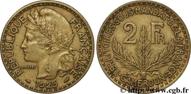 CAMEROON - FRENCH MANDATE TERRITORIES 2 Francs 1925 Paris XF 