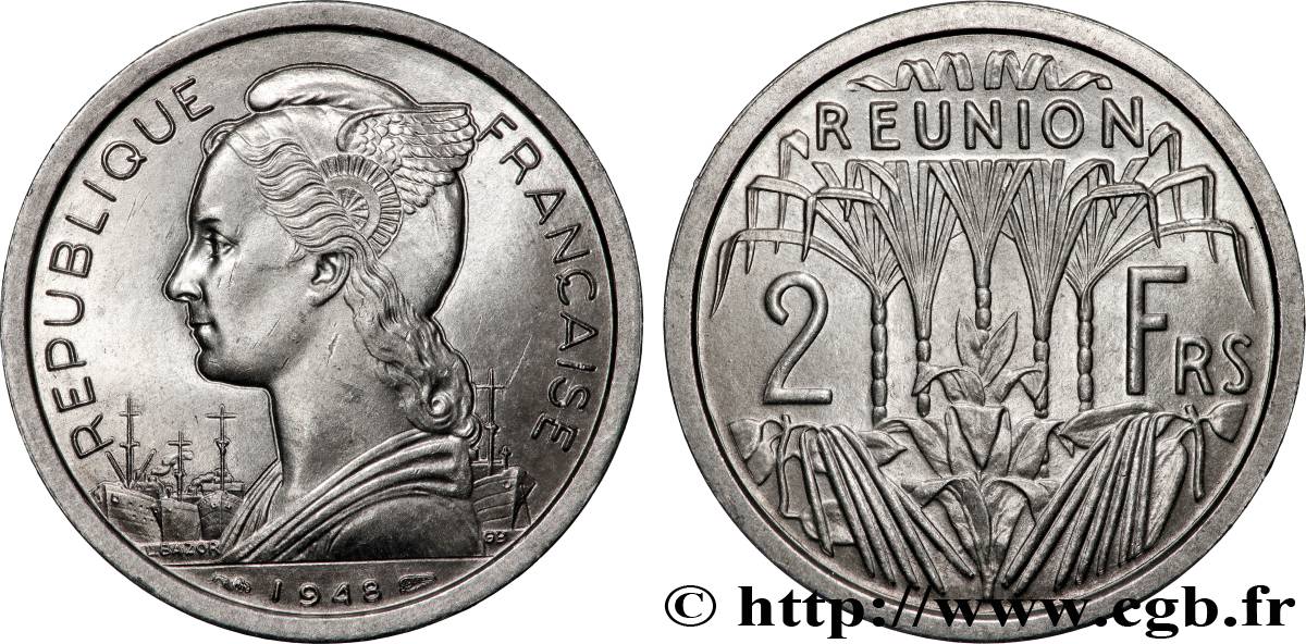 REUNION ISLAND 2 Francs 1948 Paris MS 