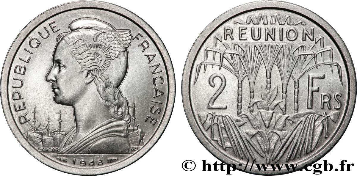ÎLE DE LA RÉUNION 2 Francs 1948 Paris SPL 