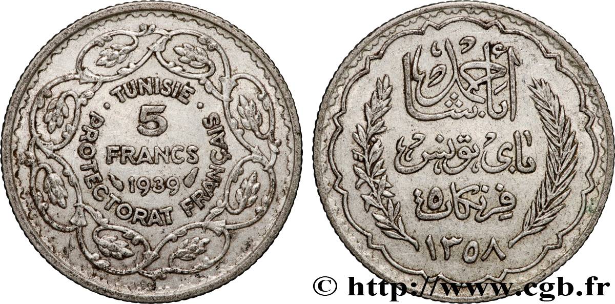 TUNISIE - PROTECTORAT FRANÇAIS 5 Francs AH 1358 1939 Paris TTB 