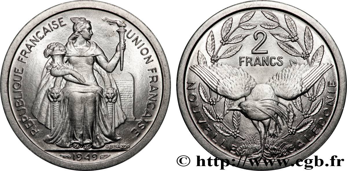 NOUVELLE CALÉDONIE 2 Francs Union Française 1949 Paris SPL 