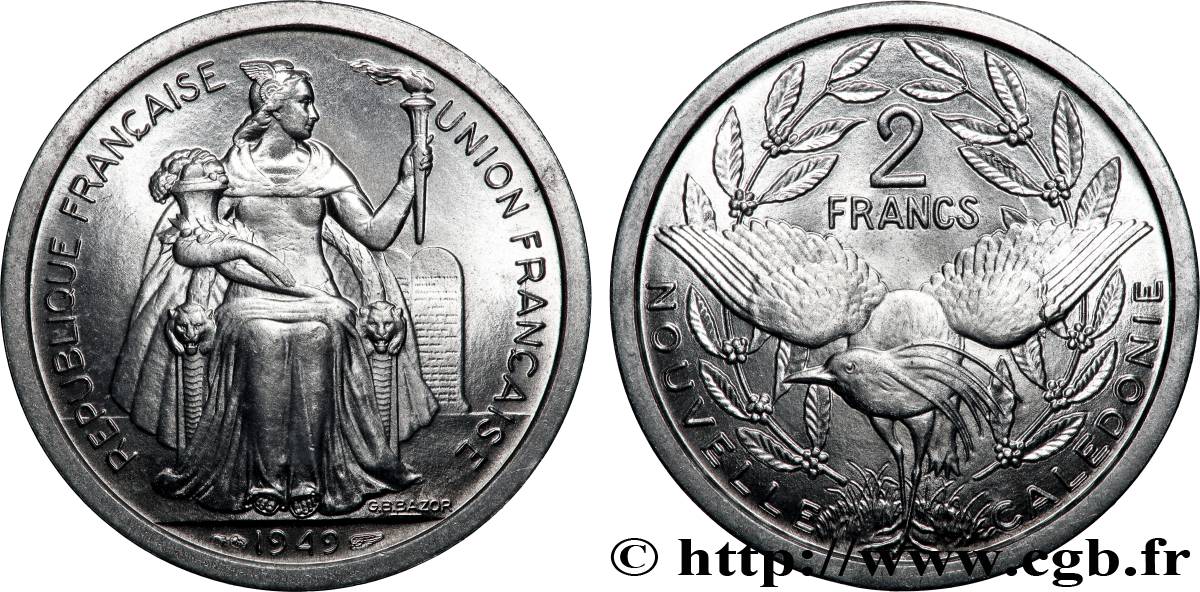 NOUVELLE CALÉDONIE 2 Francs Union Française 1949 Paris SPL 