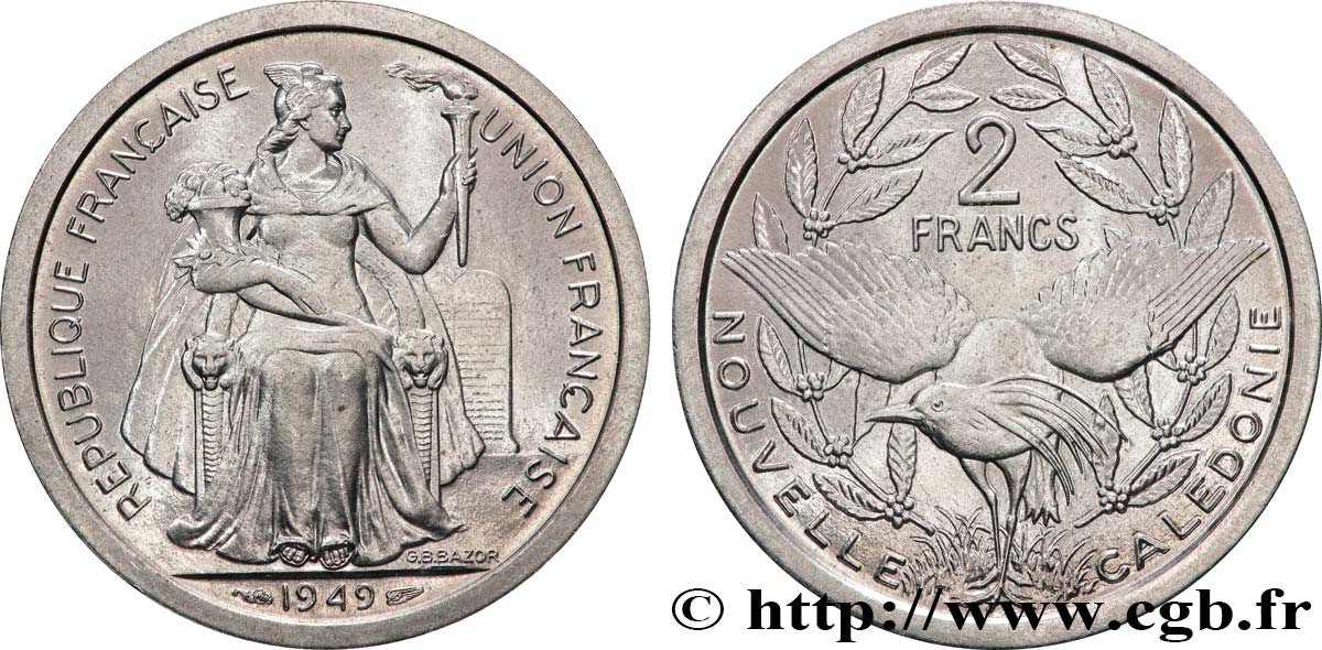 NUOVA CALEDONIA 2 Francs Union Française 1949 Paris MS 