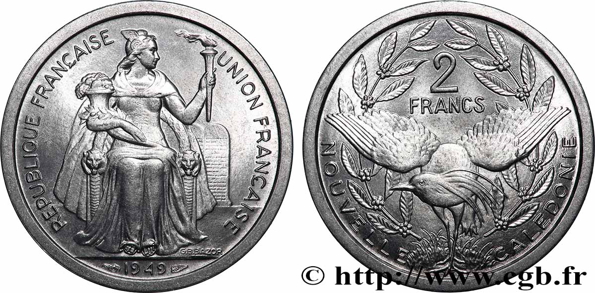 NEUKALEDONIEN 2 Francs Union Française 1949 Paris fST 