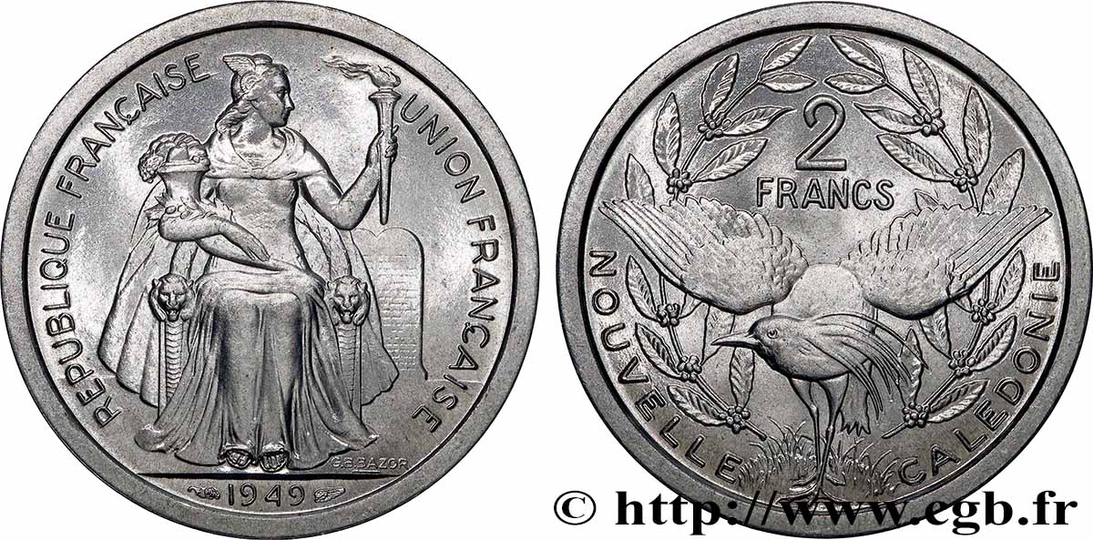 NEW CALEDONIA 2 Francs Union Française 1949 Paris MS 
