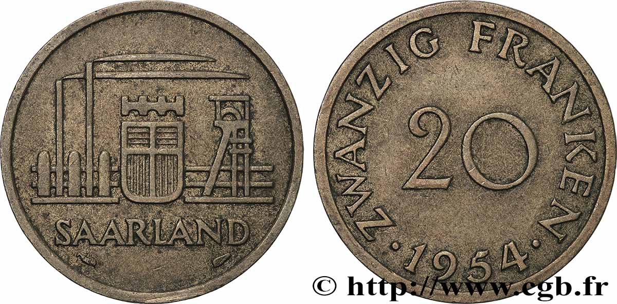 SAARLAND 20 Franken 1954 Paris SPL 