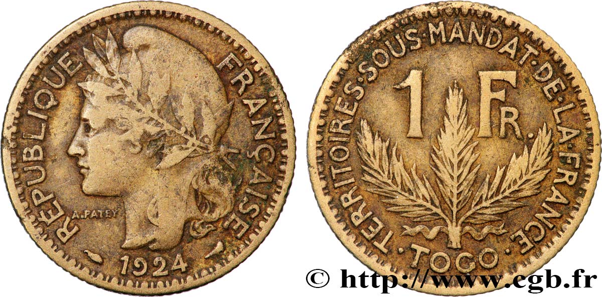TOGO - TERRITOIRES SOUS MANDAT FRANÇAIS 1 Franc 1924 Paris TB 