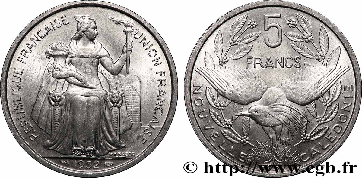 NEW CALEDONIA 5 Francs Union Française 1952 Paris MS 