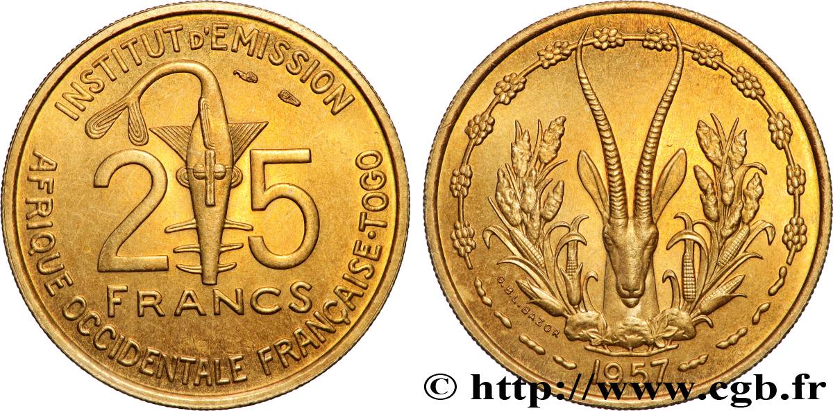 FRENCH WEST AFRICA - TOGO 25 Francs 1957 Paris MS 