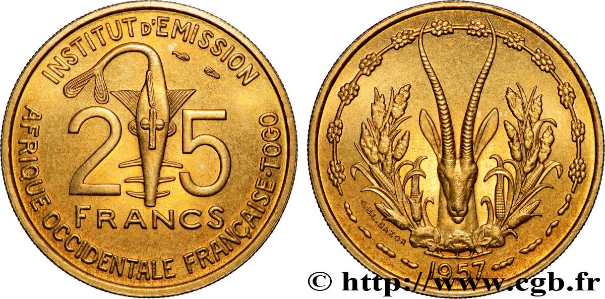 AFRICA OCCIDENTALE FRANCESE - TOGO 25 Francs 1957 Paris MS 
