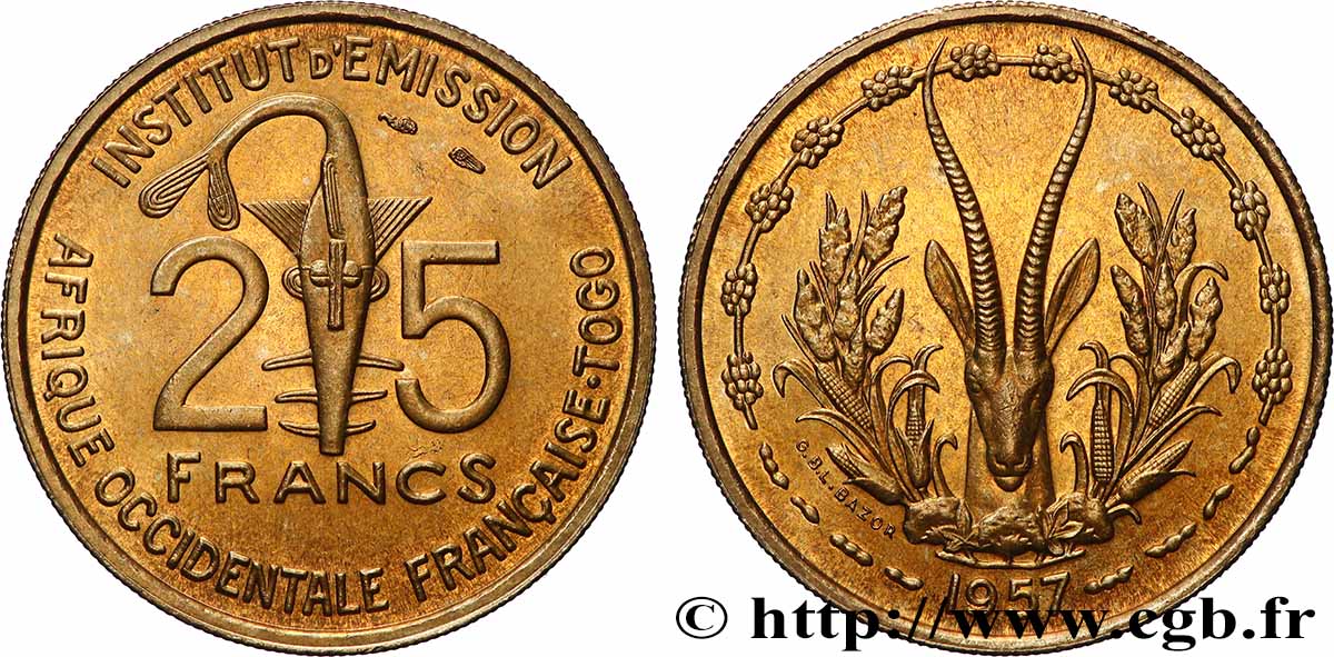 FRENCH WEST AFRICA - TOGO 25 Francs 1957 Paris MS 