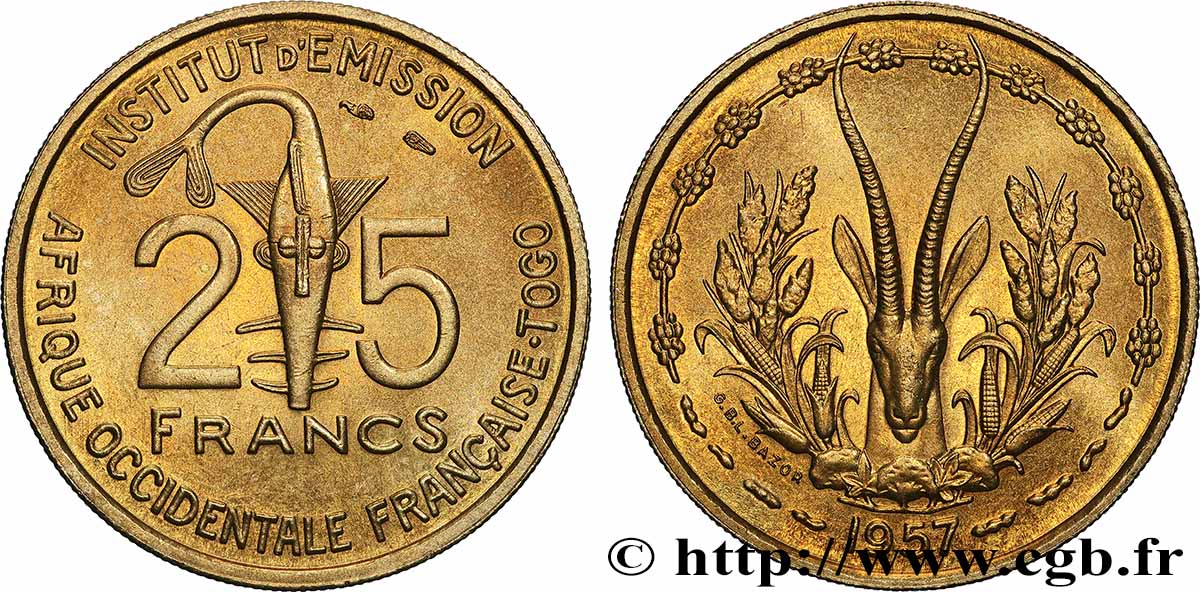 AFRICA OCCIDENTALE FRANCESE - TOGO 25 Francs 1957 Paris MS 