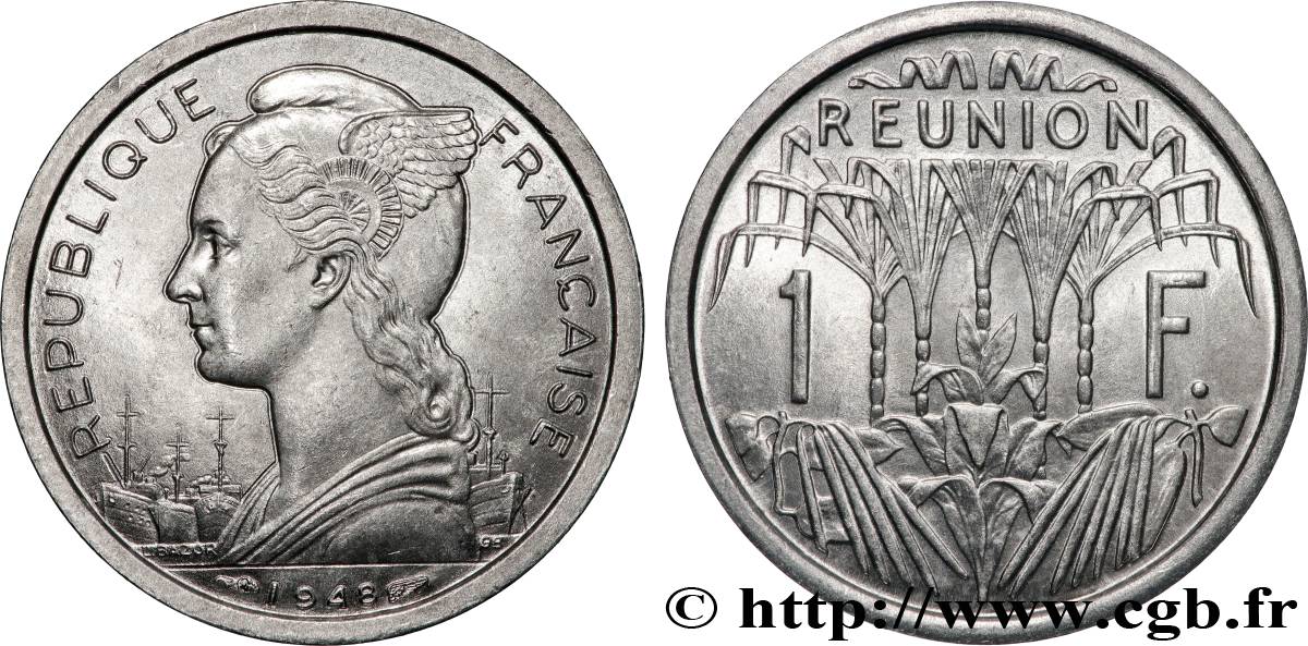 ÎLE DE LA RÉUNION 1 Franc Marianne / canne à sucre 1948 Paris SPL 