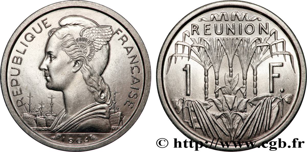REUNION ISLAND 1 Franc Marianne / canne à sucre 1964 Paris MS 