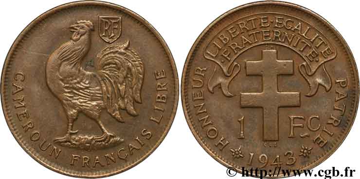 KAMERUN - FRANZÖSISCHE MANDAT 1 Franc ‘Cameroun Français Libre’ 1943 Prétoria fVZ 