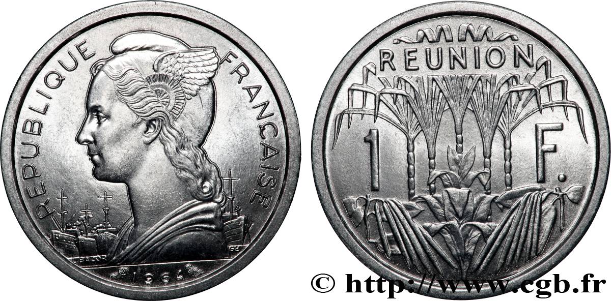 ÎLE DE LA RÉUNION 1 Franc Marianne / canne à sucre 1964 Paris SPL 