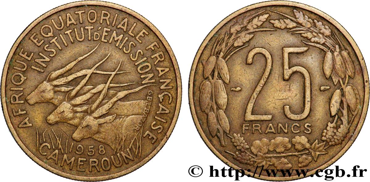 FRANZÖSISCHE EQUATORIAL AFRICA - KAMERUN 25 Francs antilopes 1958 Paris SS 