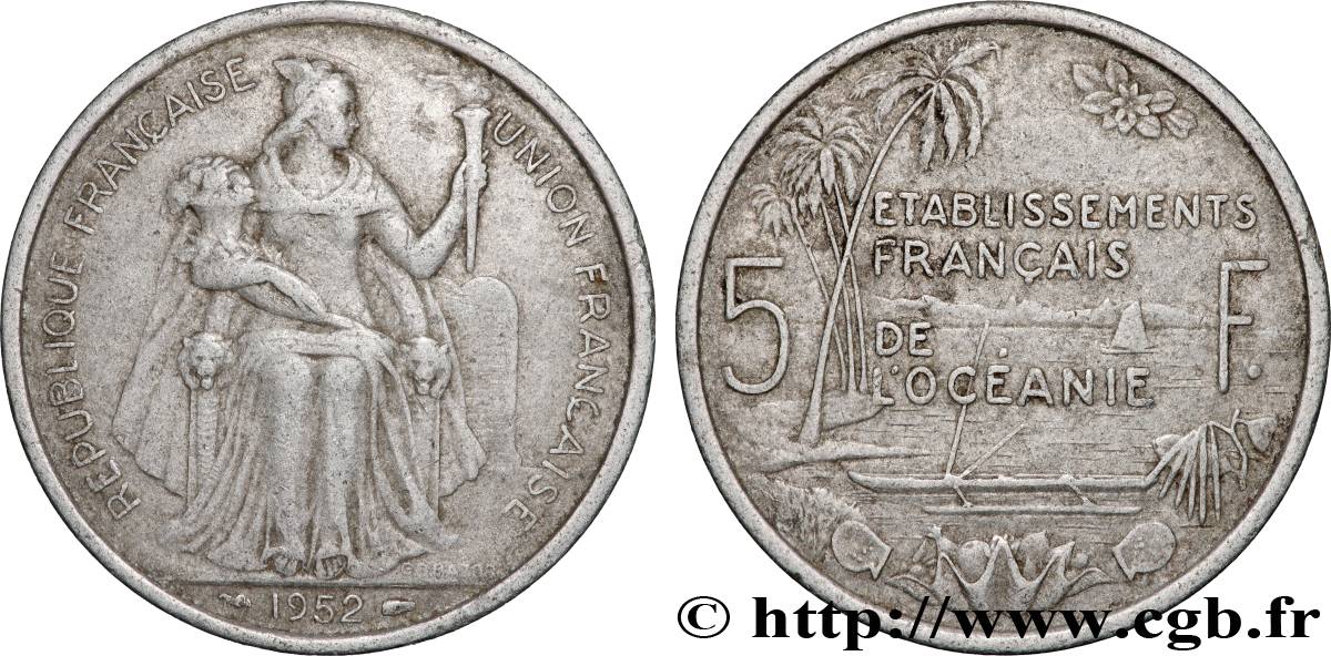 POLINESIA FRANCESE - Oceania Francese 5 Francs Établissements Français de l’Océanie 1952 Paris BB 