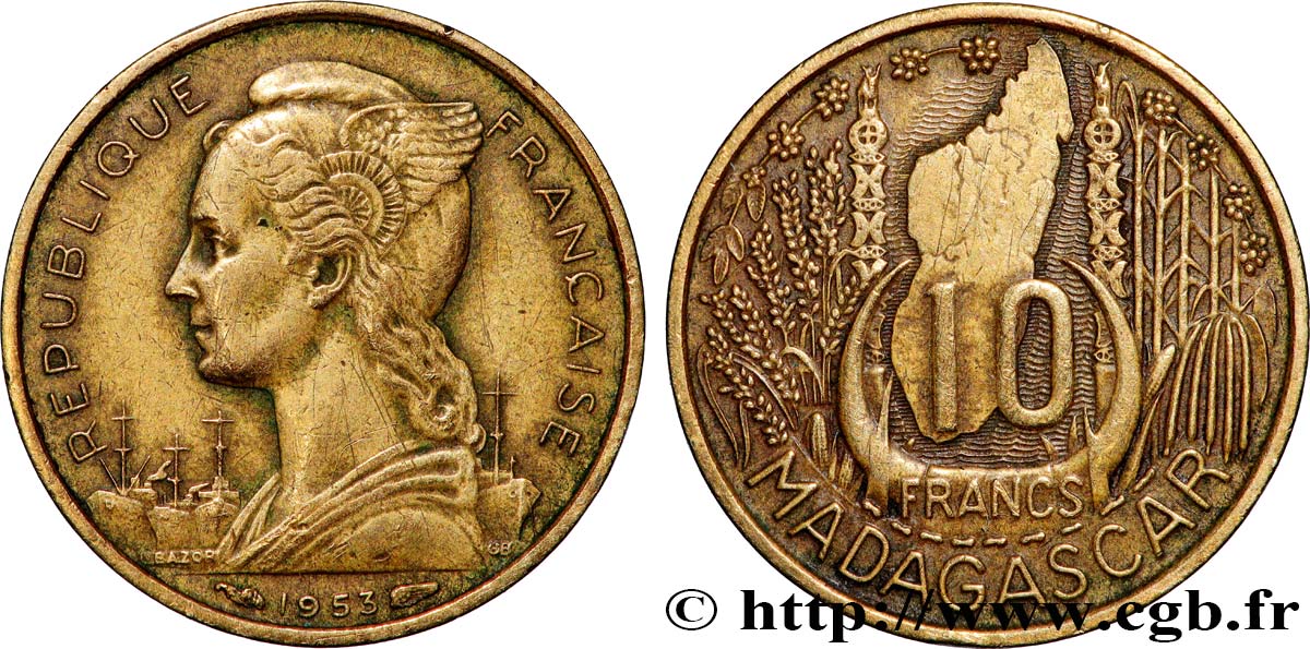 MADAGASCAR - UNION FRANCESE 10 Francs 1953 Paris BB 