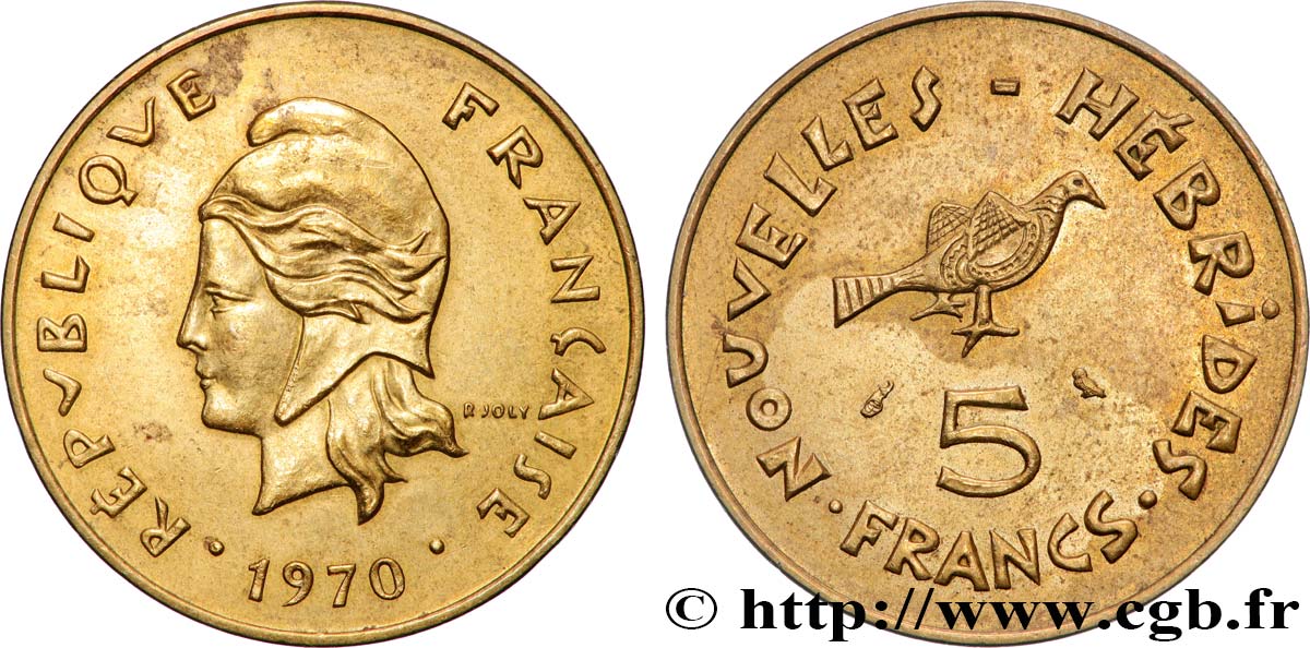 NOUVELLES HÉBRIDES (VANUATU depuis 1980) 5 Francs Marianne / oiseau 1970 Paris SUP 
