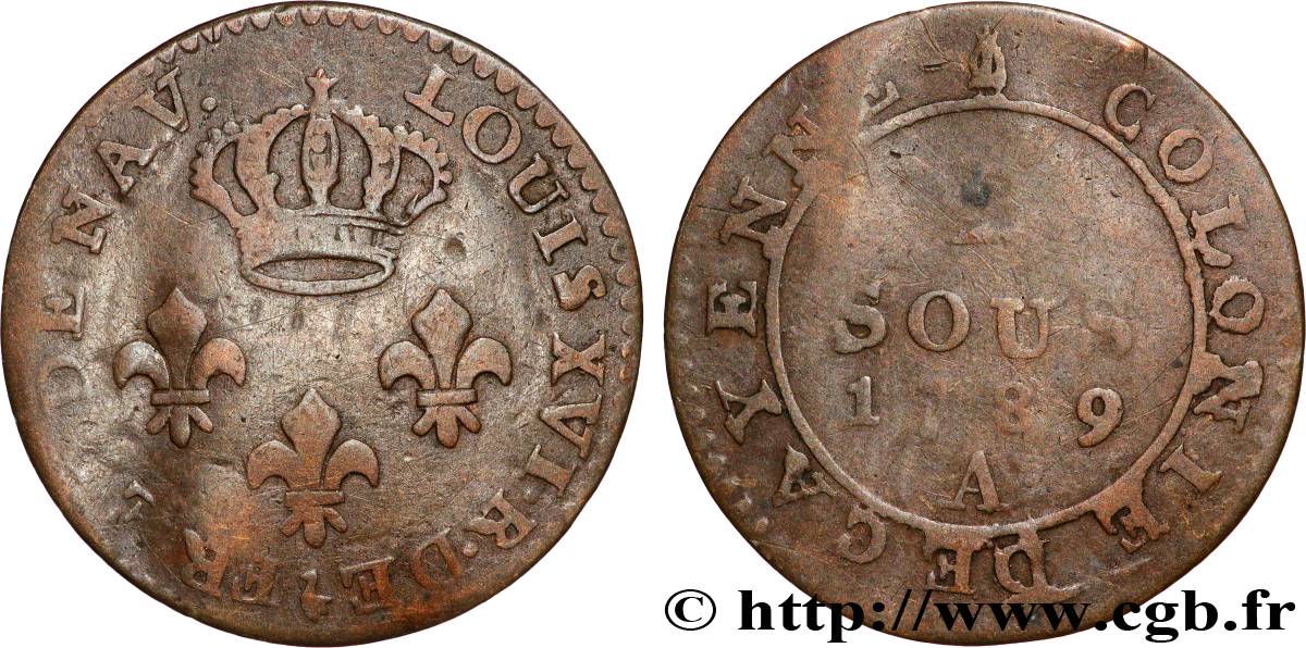 GUYANE FRANÇAISE 2 Sous colonie de Cayenne 2e type 1789 Paris - A TB 