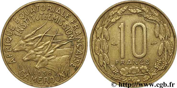 FRANZÖSISCHE EQUATORIAL AFRICA - KAMERUN 10 Francs 1958 Paris fVZ 